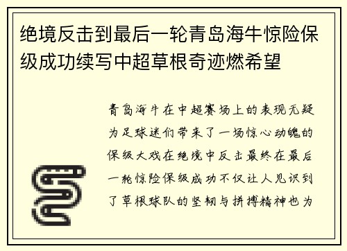 绝境反击到最后一轮青岛海牛惊险保级成功续写中超草根奇迹燃希望